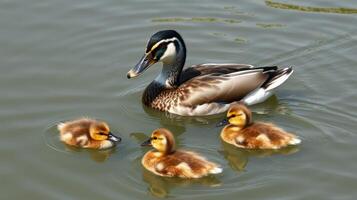 Mother duck swims with her three fluffy ducklings in a serene pond during a sunny afternoon photo