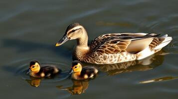 Mother duck swimming with ducklings in calm waters during a sunny day in a serene park setting photo
