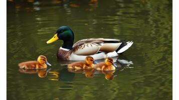 Mallard duck swimming with adorable ducklings in a calm pond during a sunny afternoon photo