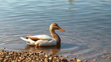 Duck swimming peacefully in clear water near the shore on a sunny day in a serene natural setting photo