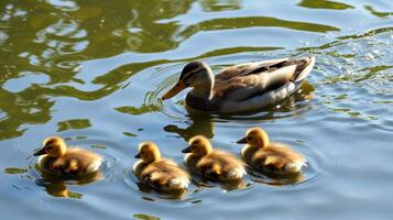 Mother duck swims with her ducklings in a serene pond during the golden hour photo