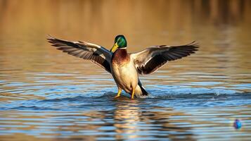 Duck spreads its wings over a tranquil lake during sunset in a serene natural setting photo