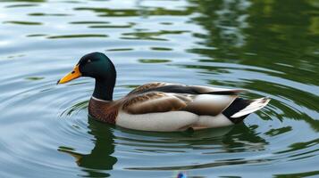 Mallard duck swimming gracefully in serene water under natural light at a tranquil lake setting photo