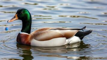 Majestic mallard duck gliding gracefully across a serene lake at sunset photo