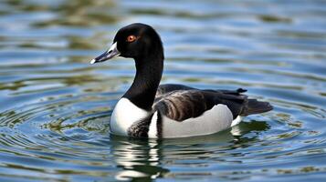 Black and white duck swimming gracefully in a calm water body during daylight hours photo