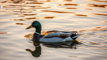 Mallard duck gliding across a tranquil lake at sunset with golden reflections on the water surface photo