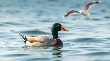 Mallard duck gracefully swims in calm waters while a seagull soars above during a sunny afternoon photo