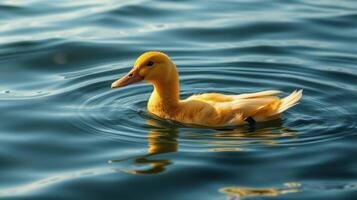 Yellow duck swimming gracefully in a calm lake during a sunny day in a natural setting photo