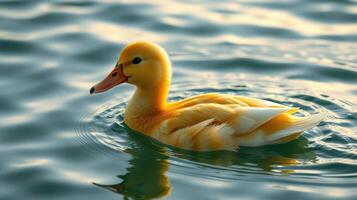 Bright yellow duck swimming peacefully in calm water during a sunny afternoon photo