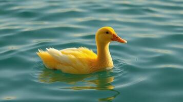 Yellow duck swimming gracefully in serene water during sunny daylight photo