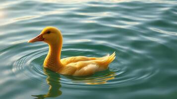 Yellow duckling swimming in tranquil waters at a serene lakeside location during golden hour photo