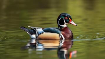 Colorful wood duck swimming peacefully in a serene lake surrounded by lush greenery photo