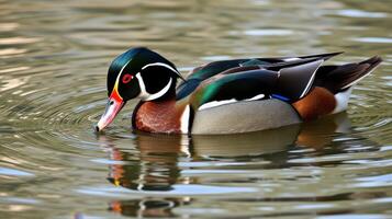 Colorful wood duck swimming gracefully in a serene pond during daylight hours photo