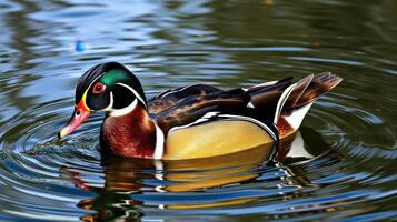 Wood duck swimming gracefully in a serene pond surrounded by reflections of nature photo