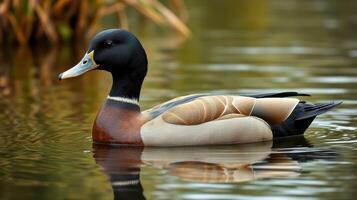 Stunning male duck floating gracefully on a calm pond surrounded by lush greenery during a sunny day photo