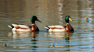 Ducks swim gracefully in a serene pond surrounded by nature in the early morning light photo