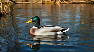 Mallard duck swimming peacefully in a tranquil pond surrounded by nature on a sunny day photo