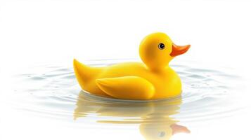 Bright yellow rubber duck floats serenely in clear water with soft ripples photo
