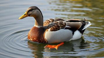 Male duck gracefully swims in tranquil pond surrounded by rippling water and reflections during sunny afternoon photo