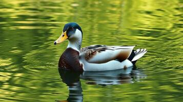 Colorful duck floats gracefully on a tranquil pond surrounded by lush greenery in a serene natural setting photo