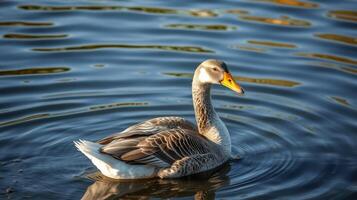 Duck swimming gracefully on a serene pond during sunset with rippling water photo