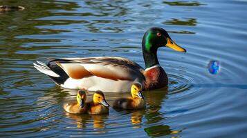 Male duck swims in a pond with three ducklings on a sunny day in spring photo