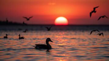 Ducks swimming at sunset with flying birds in the peaceful lake photo