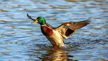 Male duck flapping its wings while swimming in tranquil water during sunlight photo
