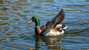 Mallard duck flapping wings while swimming in a tranquil pond during sunny weather photo