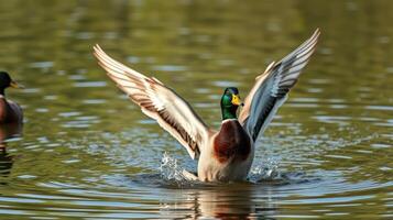 Mallard duck spreading its wings gracefully on the calm water of a lake during the morning light photo
