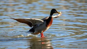 Majestic duck splashing in calm waters during golden hour at a serene lake photo