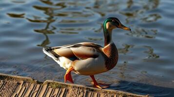 Male mallard duck walking along the shore of a tranquil pond at sunset near a park photo