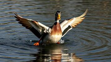 Duck flapping its wings while splashing water in a serene pond during sunset photo
