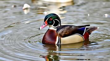 Colorful wood duck swimming gracefully on a serene pond during a sunny afternoon photo