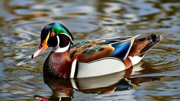 Colorful duck swimming gracefully on a serene lake during a sunny day photo
