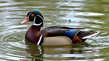 Colorful wood duck swimming gently in a serene pond, showcasing vibrant plumage and natural habitat photo