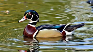 Colorful wood duck swimming gracefully in a serene pond surrounded by nature photo