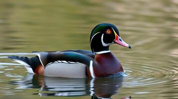 Beautiful wood duck swimming gracefully on a serene lake during the day photo