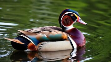 Colorful wood duck swimming gracefully in a serene pond surrounded by lush greenery during a sunny afternoon photo