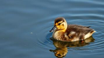 Cute duckling swimming peacefully in calm water during a sunny day in a tranquil park setting photo