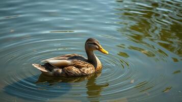 Duck swimming peacefully in a tranquil pond during bright daylight hours photo