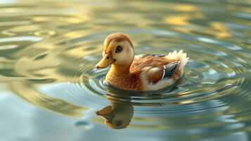 Baby duck swimming gracefully in a serene pond during golden hour photo