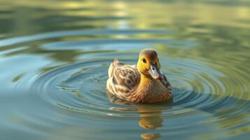 Duck swims peacefully in a tranquil pond surrounded by nature during a sunny afternoon photo