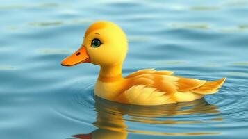 Cute yellow duckling swimming in calm water during a sunny day by a peaceful lake photo
