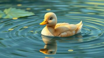 Duck swimming peacefully in a serene pond surrounded by ripples and green foliage during a sunny day photo