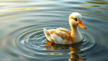 Duck swimming gracefully in calm water during serene morning light photo