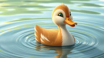 Cute cartoon duck swimming in a serene pond surrounded by lush greenery during a bright sunny day photo