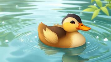 Cute cartoon duck swimming peacefully in a serene pond with gentle ripples and soft green foliage photo