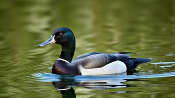 Male tufted duck swimming in a serene lake during a sunny afternoon in early spring photo