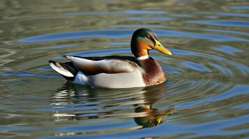 Mallard duck swimming gracefully on calm water reflecting the blue sky in a serene natural setting photo
